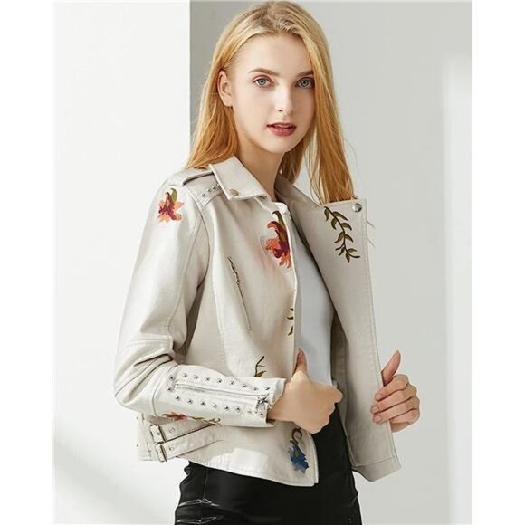Jackets & Blazers - Off White Floral Embroidered Studded Faux Leather Jacket Moto Bomber Jacket Coat